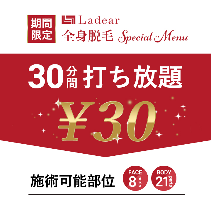 全身脱毛30分間打ち放題30円！